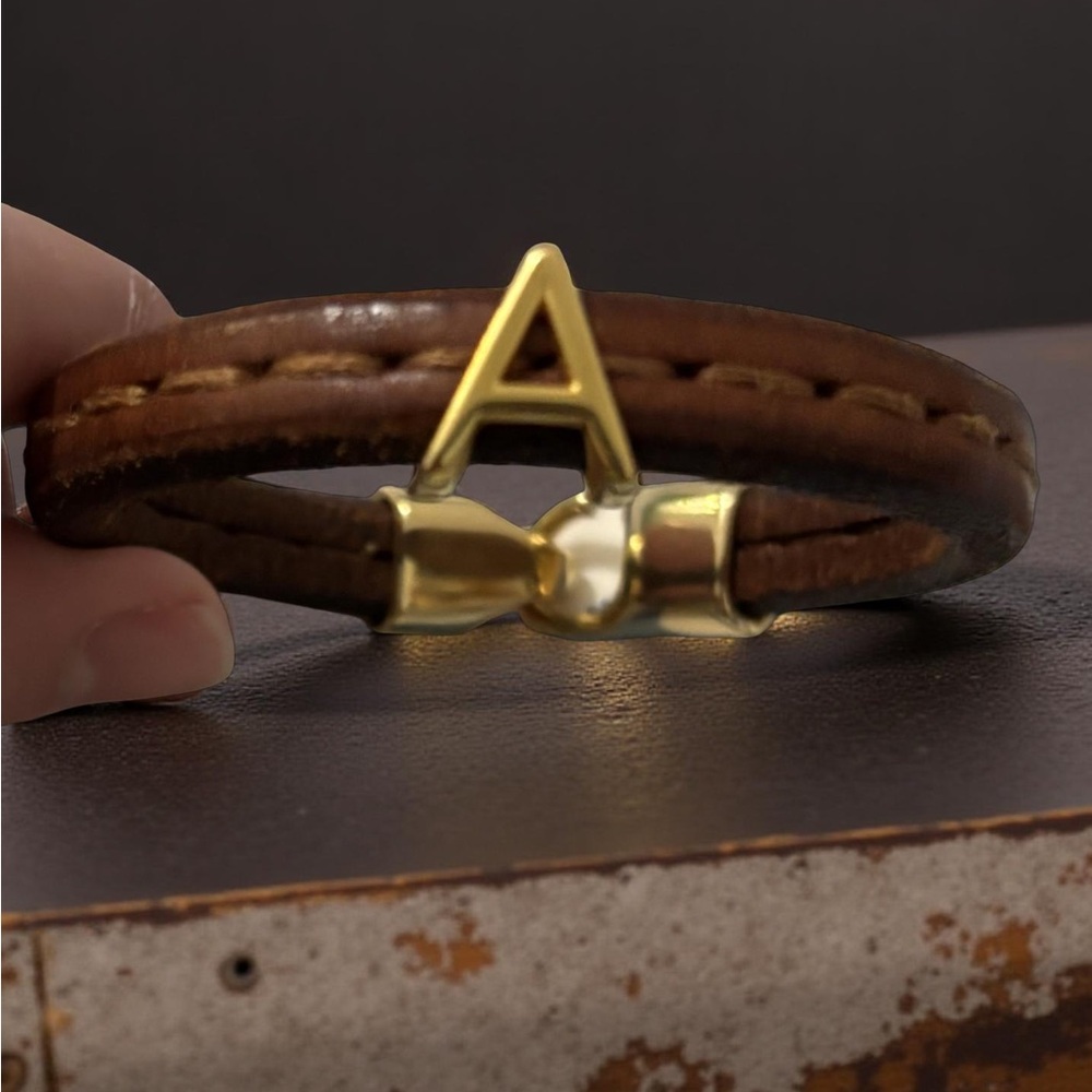 Brown Leather Bracelet with Gold Letter A .
